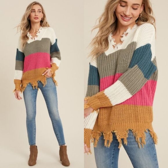 Clear Out‼️ V Neck Frayed Color Block Sweater Top - Picture 5 of 5